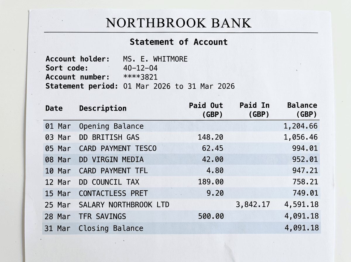 A scanned UK bank statement with a month of transactions