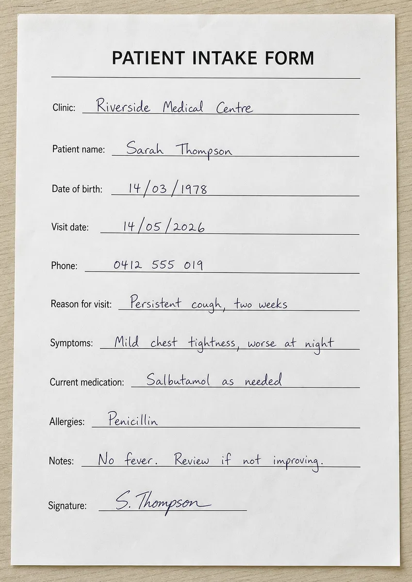 A realistic handwritten patient intake form for Riverside Medical Centre