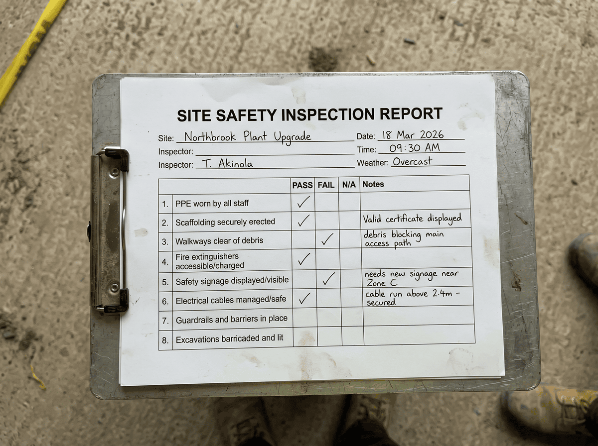 A handwritten site safety inspection checklist on a clipboard