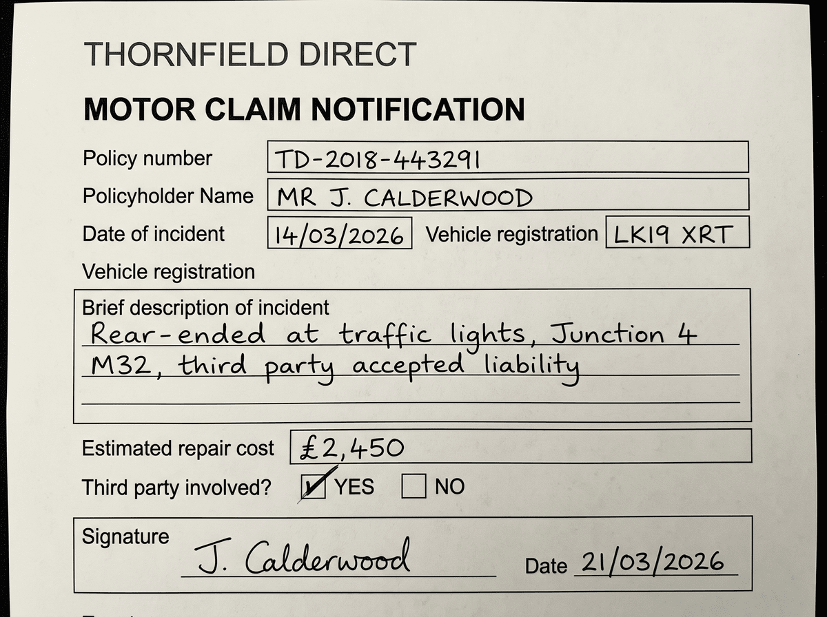 A scanned motor insurance claim notification form