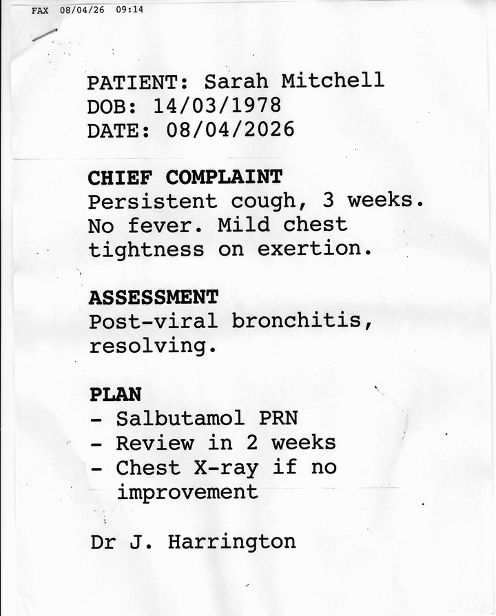 A faxed page of medical notes