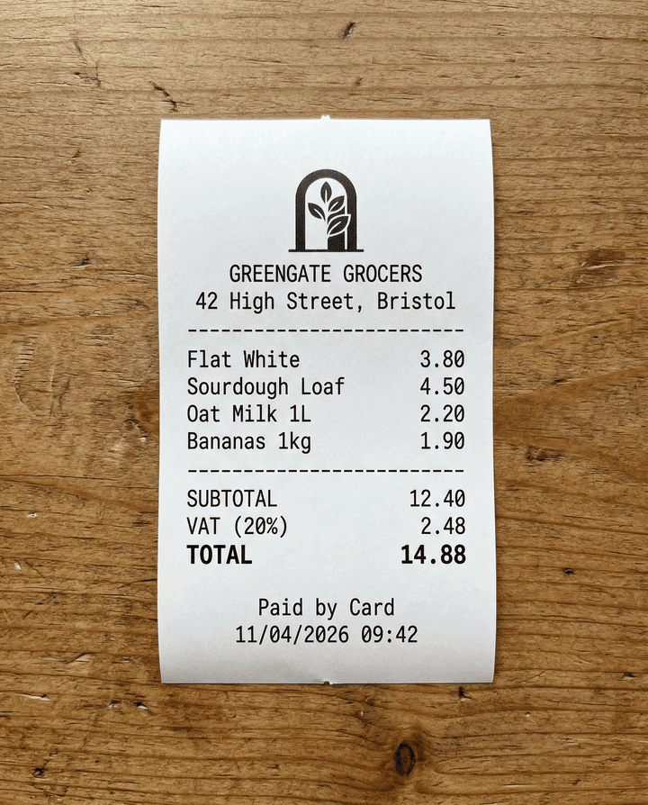 A photograph of a thermal till receipt